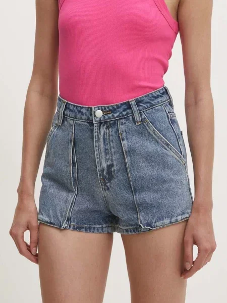 Дънков къс панталон Answear Lab с изчистен дизайн с висока талия синьо