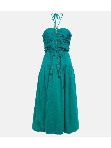 Sukienka midi Ulla Johnson do kolan popelinowa z dekoltem halter zielona