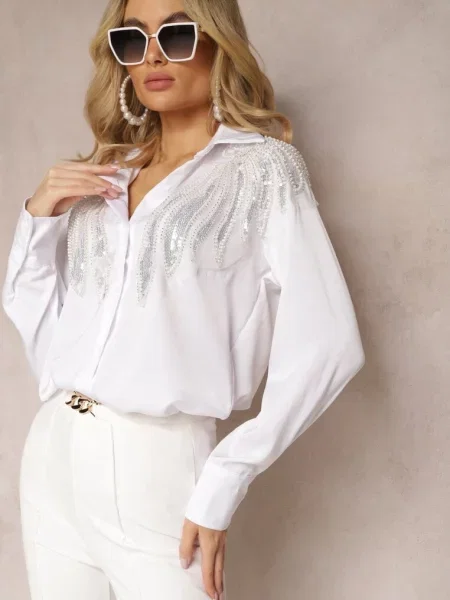 Klasyczna Koszula z Naszywkami Cekinami i Koralikami Sarkia biała