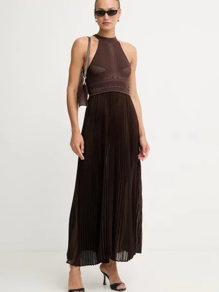 Twinset rochie plisată cu vâscoză maro