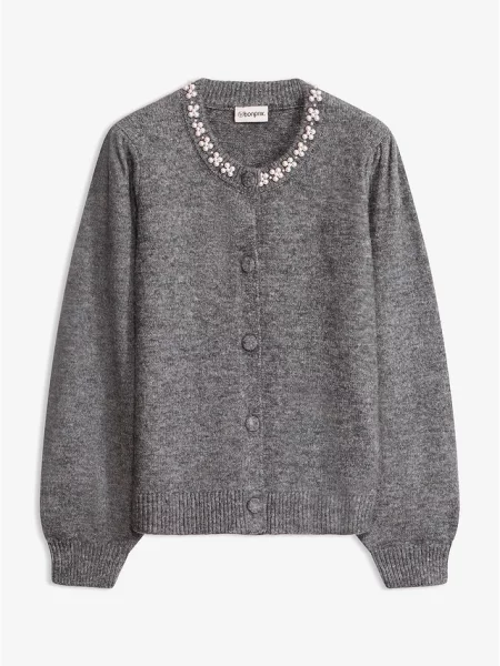 Sweter rozpinany z rękawami bufkami szary