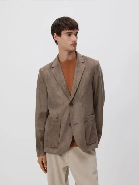 Reserved Жакет regular fit з екошкіри під замшу коричневувато-зелений зелений