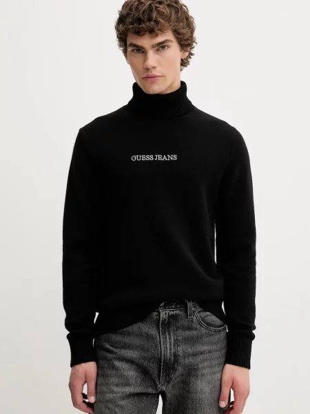 Guess Jeans sweter z dodatkiem wełny ciepły z golferm czarny