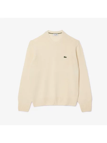 Lacoste Wełniany Sweter Z Okrągłym Kolnierzykiem Ecru biały