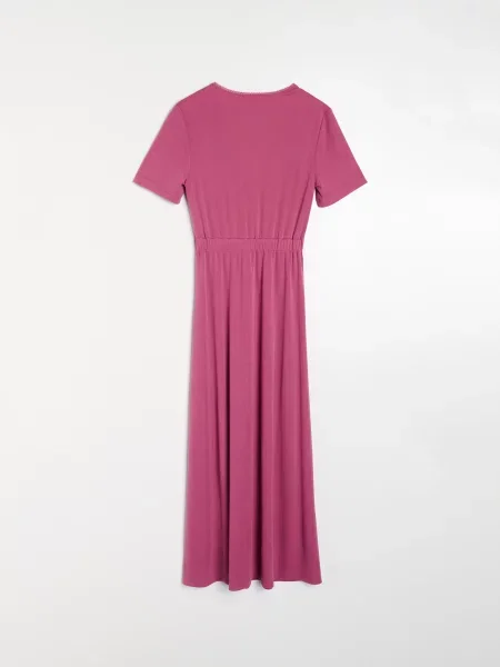 Сукня міді з модалу з V-подібним вирізом і коротким рукавом яскраво-рожевий рожева