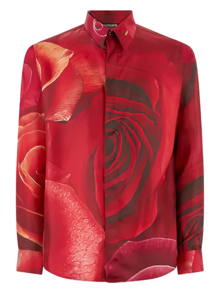 Cămașă Roberto Cavalli de mătase cu model floral cu imagine roșu