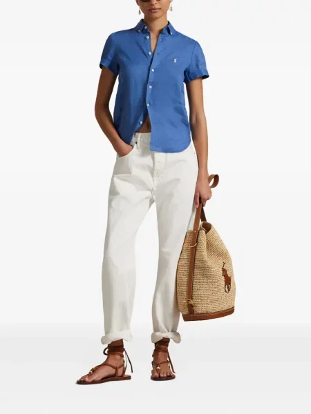 Tricou Polo Ralph Lauren din piele cu broderie în carouri maro