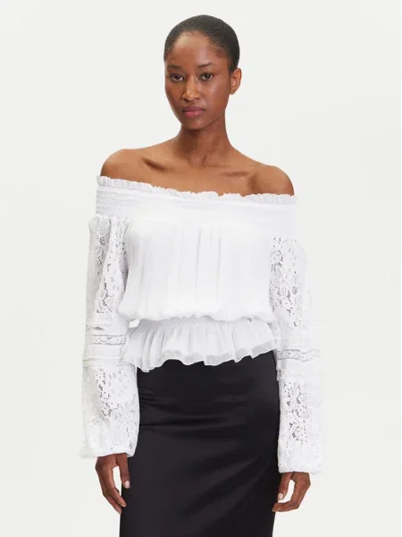 Блуза с коприна Guess AUDREY дамска с десен бяло