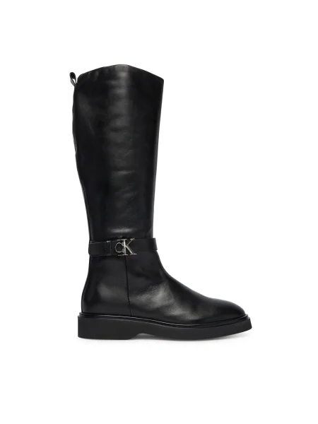 Кожени ботуши Calvin Klein KNEE BOOT W/ METAL LOGO с равна подметка черно