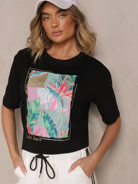 T-shirt z Bawełny Ozdobiony Brokatem Isadelle czarny