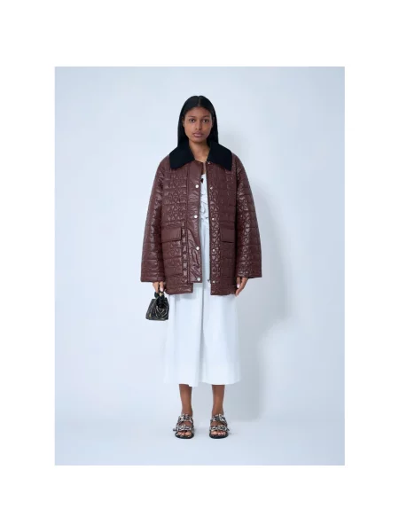 GANNI kurtka Shiny Quilt Midi przejściowa brązowy