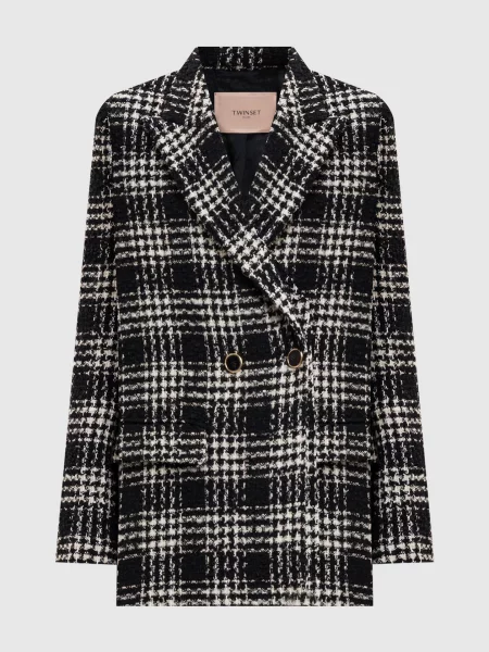 Твідовий двобортний жакет з вовною в клітинку Twinset чорний