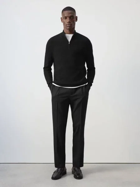 Sweter z cienkiej dzianiny z mieszanki bawełny o strukturalnym splocie z zamkiem błyskawicznym Mężczyzna XXL MANGO MAN czarny