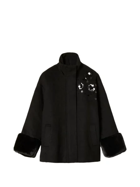Palton de blană Twinset cu broderie de lână negru