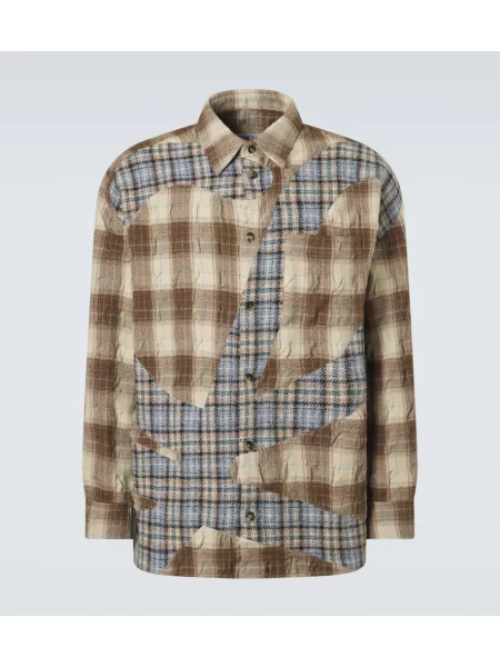 Vlněná kostkovaná košile Loewe s autogramem hnědá