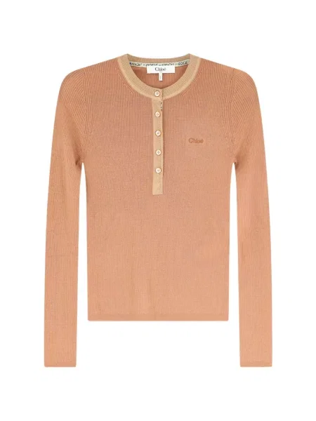 Tricou Chloé tricotate cu guler henley roz