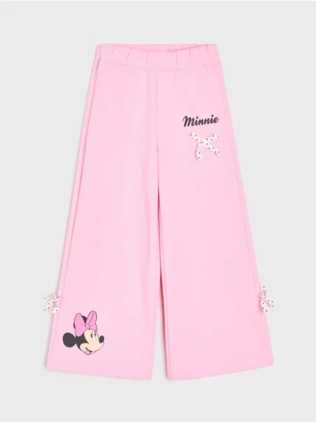 Sinsay Tepláky wide leg s potiskem a mašličkami Minnie Mouse pastelová růžová