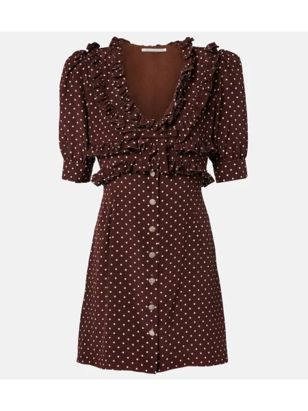 Rochie Alessandra Rich de mătase cu buline cu volane maro