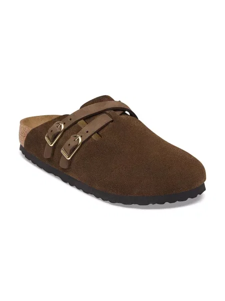 Papuci Birkenstock din piele cu cataramă maro