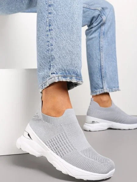 Skarpetkowe Sneakersy na Grubej Podeszwie z Metaliczną Wstawką Markan szare