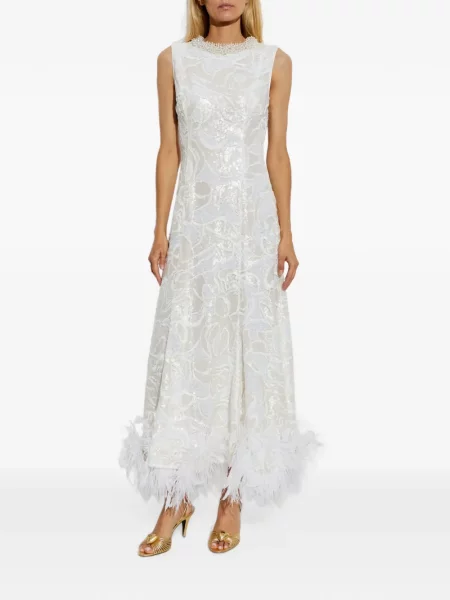 Rochie midi Self-portrait cu pene din dantelă alb