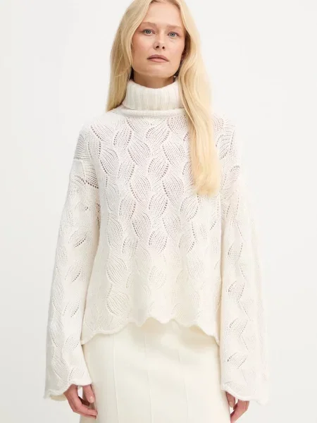 Twinset sweter z dodatkiem wełny beżowy ciepły z golfem biały