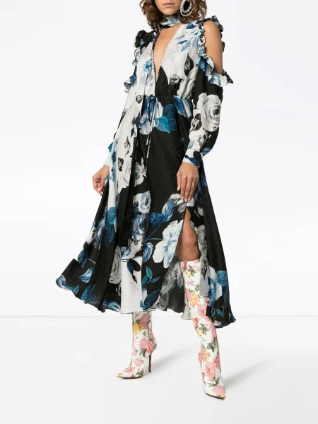 Šilkinė gėlėta midi suknelė Off-white iki kelių balta