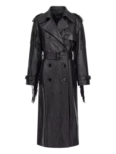 Trenci Roberto Cavalli cu franjuri din piele negru