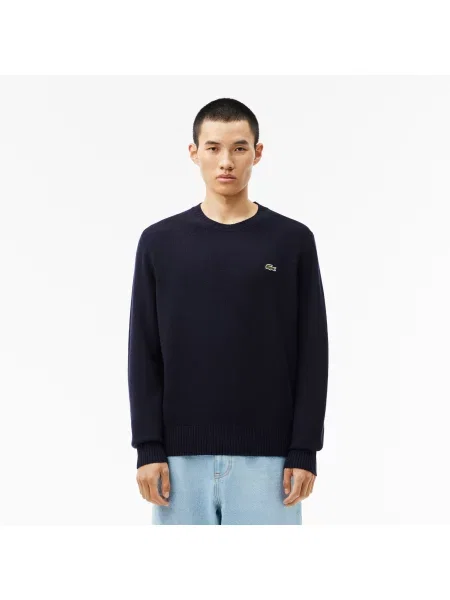 Lacoste Sweter Z Okrągłym Dekoltem Z Karbowanej Wełny granatowy