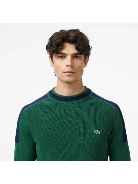 Lacoste Sweter Z Okrągłym Dekoltem Z Blokadą Koloru Classic Fit zielony