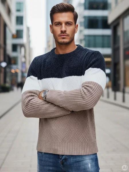 Sweter z okrągłym dekoltem granatowo-beżowy Dstreet beżowy