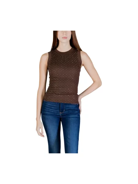 Top Guess bez rękawów z okrągłym dekoltem brązowy