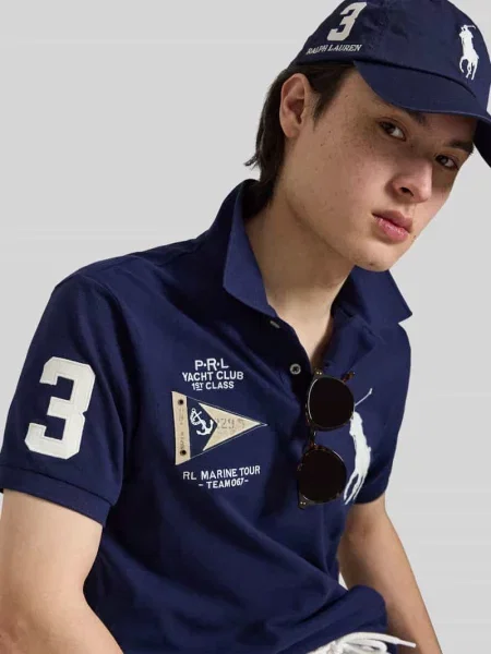 Koszulka polo o kroju regular fit z czystej bawełny z haftami Polo Ralph Lauren granatowa