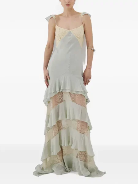 Rochie maxi De La Vali cu volane din dantelă verde