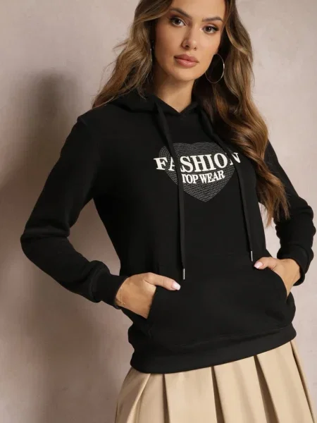 Bluză cu glugă cu fleece cu imprimeu decorativ Elili neagră