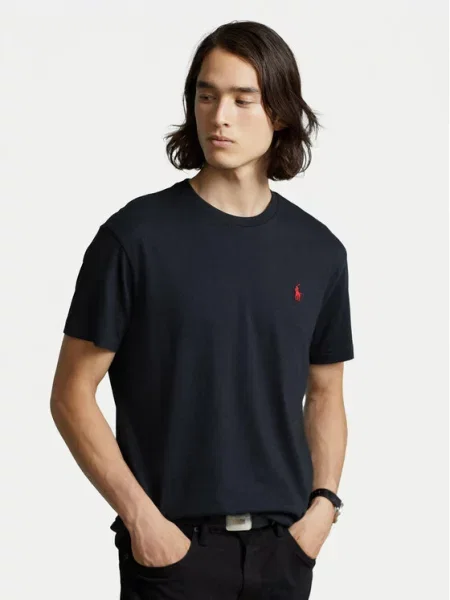 Koszulka polo Polo Ralph Lauren z dżerseju z dekoltem w kształcie litery U z długim rękawem czarna