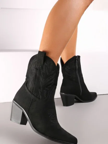 Botine cowboy cu broderie pe conic negre