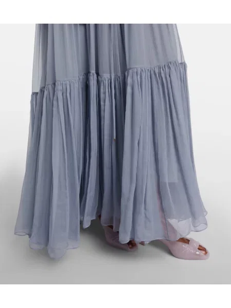 Rochie maxi Chloé de mătase cu volane albastru