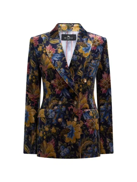 Geacă Etro de catifea cu model floral cu două rânduri de nasturi albastru