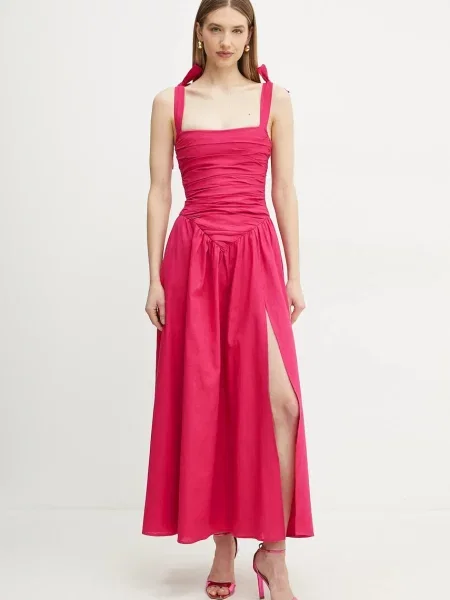 Bardot sukienka lniana maxi rozkloszowana różowy