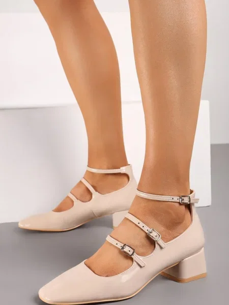 Elegant Pantofi cu Bloc Mic Decorați cu Barete cu Cataramă Lavantia bej