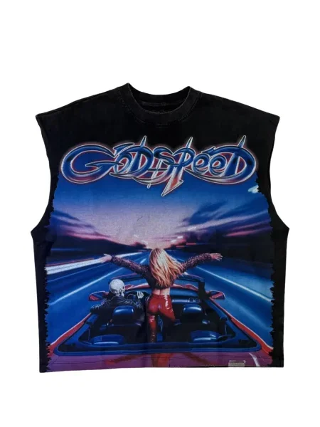 Tricou Godspeed fără mâneci cu imagine negru