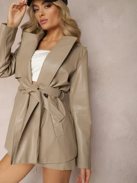 Wiązany Płaszcz Dwurzędowy Kurtka z Imitacji Skóry Primael beżowy