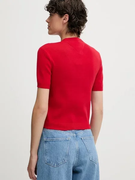 Tommy Jeans pulover s kratkimi rokavi bombažen rdeča