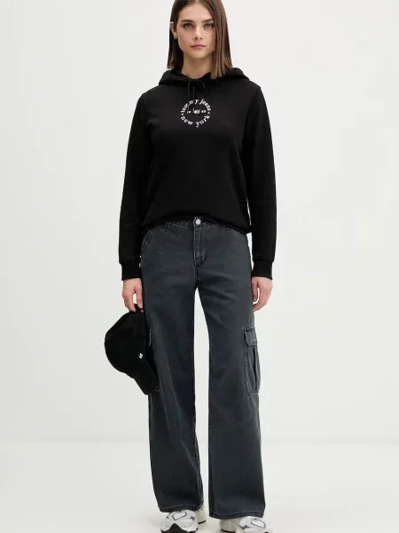 Tommy Jeans pulover s kapuco z bombažem črna