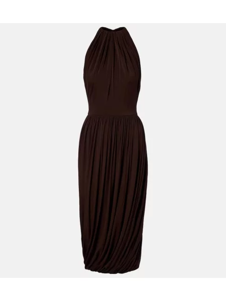 Sukienka midi Alaïa plisowana do kolan z dekoltem halter brązowa