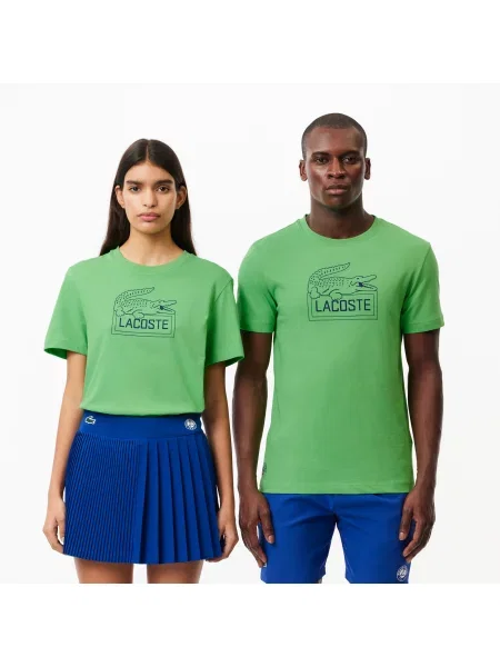 Lacoste Koszulka Roland-Garros Z Dekoltem V Z Nadrukiem Regular Fit zielona