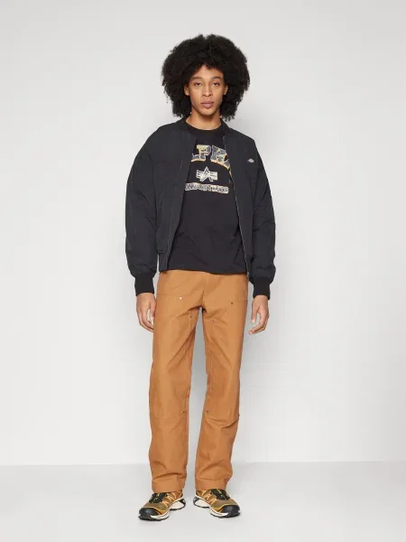 ALPHA INDUSTRIES Marškinėliai College tamsiai pilka / rusvai žalia / šviesiai oranžinė juoda
