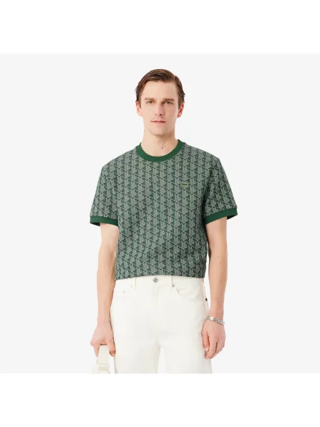 Lacoste T-Shirt Z Okrągłym Dekoltem Z Monogramem Classic Fit Ciemnozielony zielony