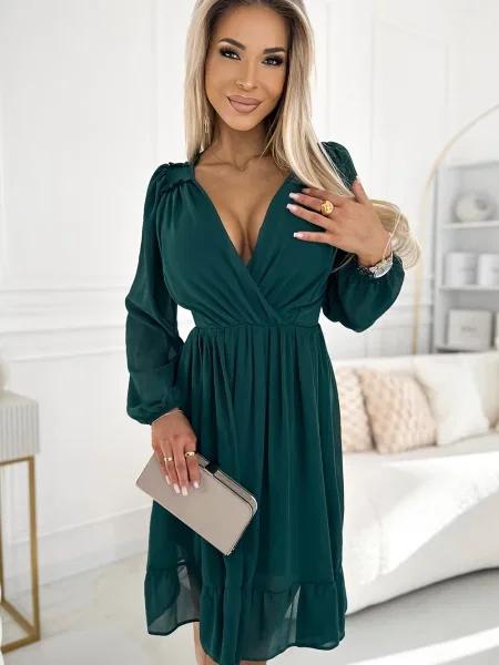 Rochie midi Numoco din șifon cu mâneci lungi verde